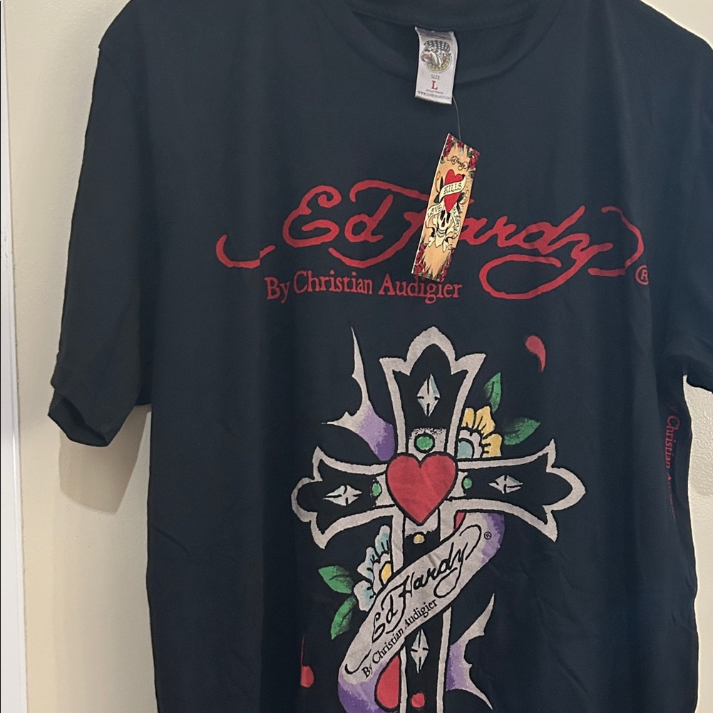 Ed Hardy Black Tee with Vibrant Cross Design